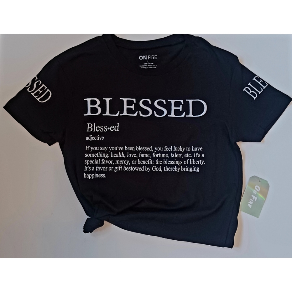 BLESSED Black & White Embroidered Christian Womens T Shirt NWT Large